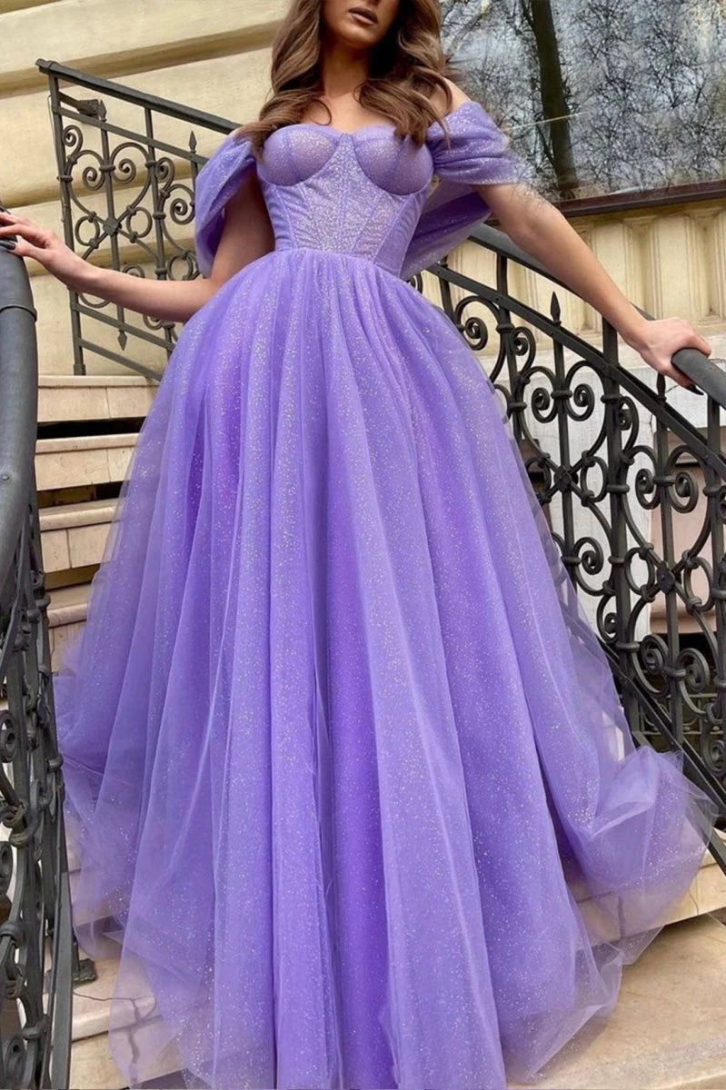 A-Line Off the Shoulder Corset Tulle Purple Long Prom Dress Evening Dress