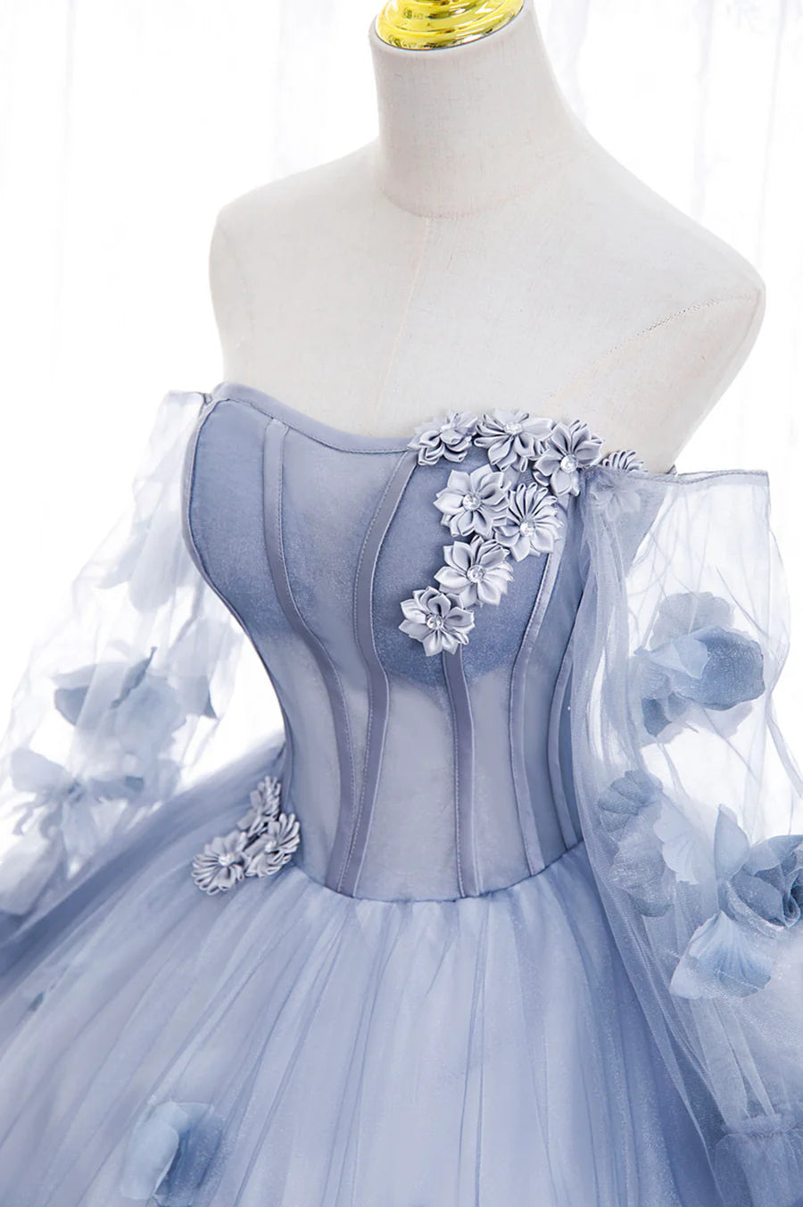 A-Line Off the Shoulder Long Sleeve 3D Flower BodyCon Tulle Blue Prom Dress