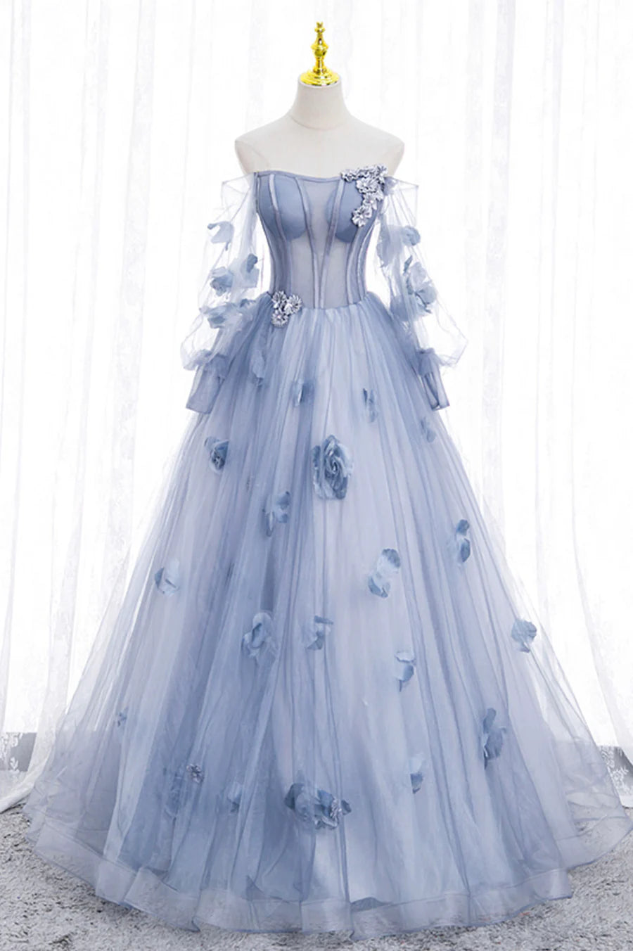 A-Line Off the Shoulder Long Sleeve 3D Flower BodyCon Tulle Blue Prom Dress