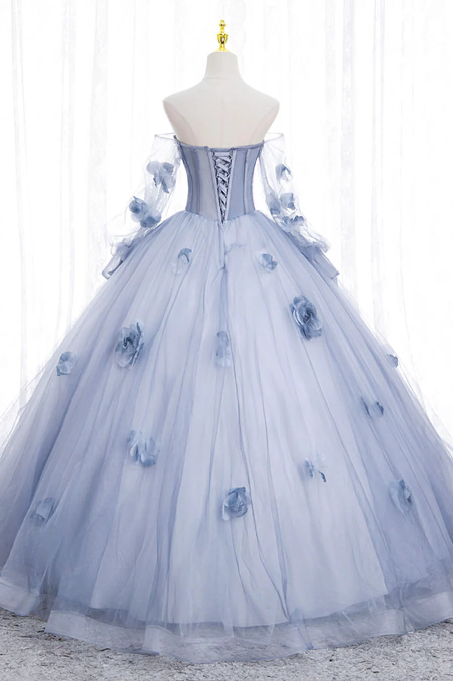 A-Line Off the Shoulder Long Sleeve 3D Flower BodyCon Tulle Blue Prom Dress