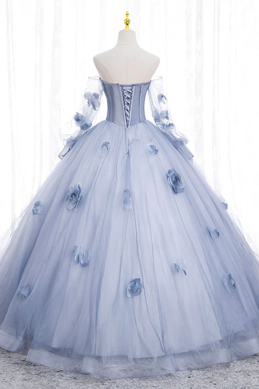 A-Line Off the Shoulder Long Sleeve 3D Flower BodyCon Tulle Blue Prom Dress