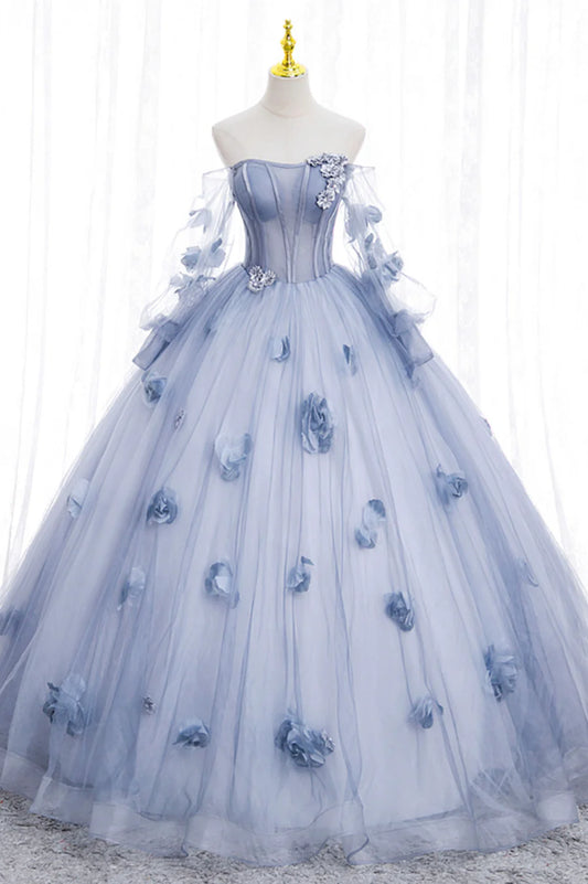A-Line Off the Shoulder Long Sleeve 3D Flower BodyCon Tulle Blue Prom Dress