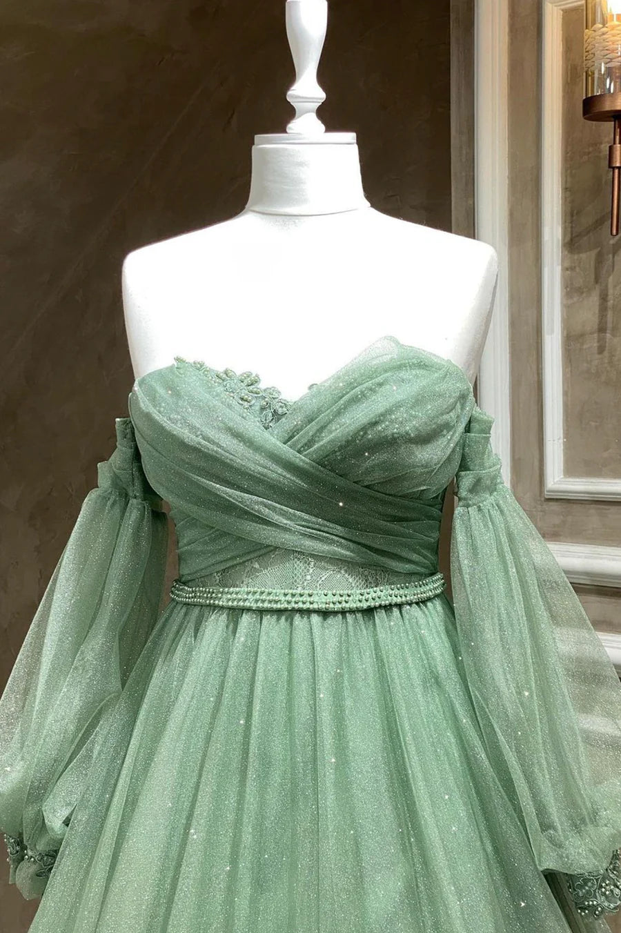 A-Line Off the Shoulder Long Sleeve Beaded Tulle Green Long Prom Dress Evening Dress