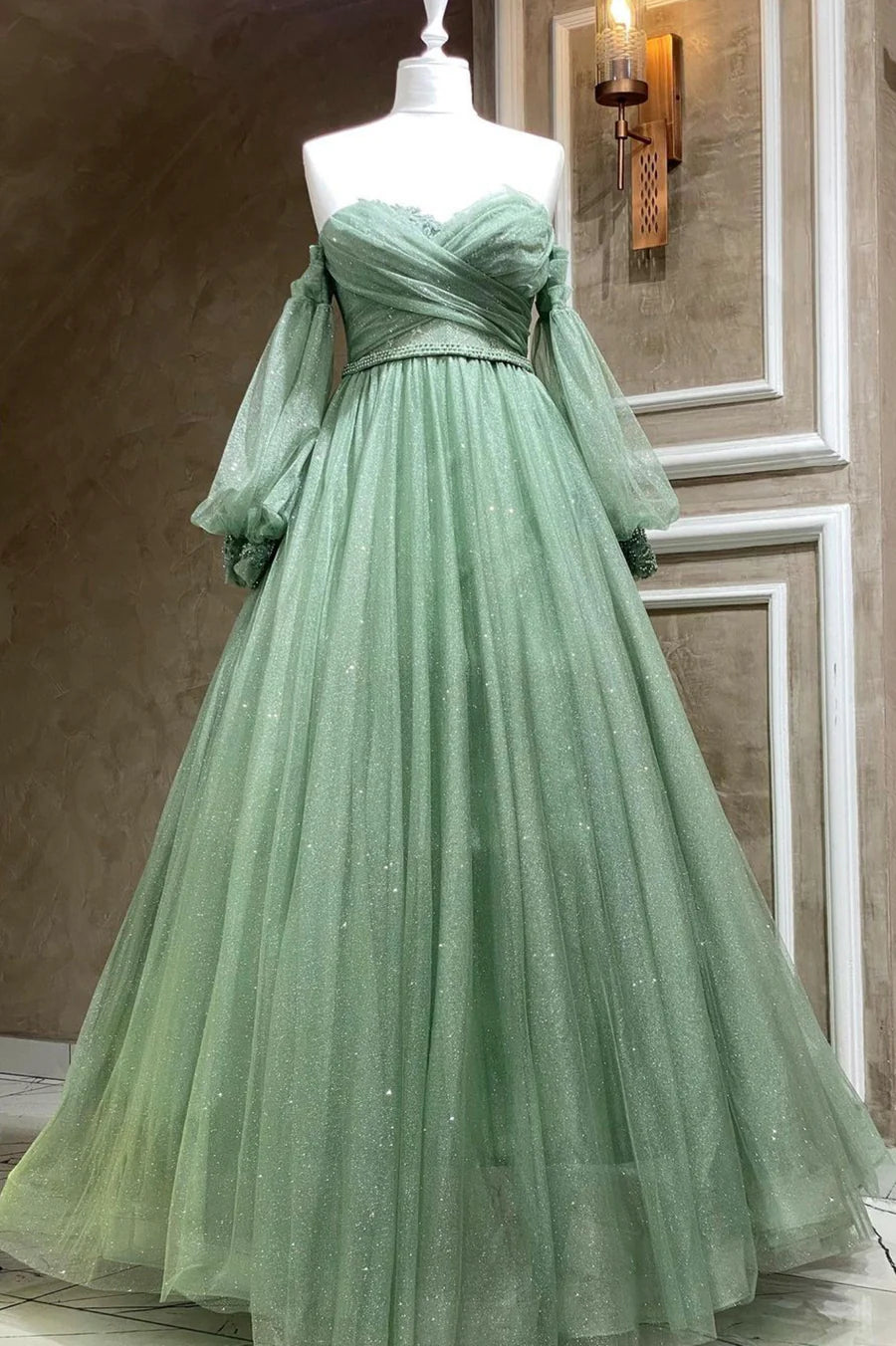 A-Line Off the Shoulder Long Sleeve Beaded Tulle Green Long Prom Dress Evening Dress