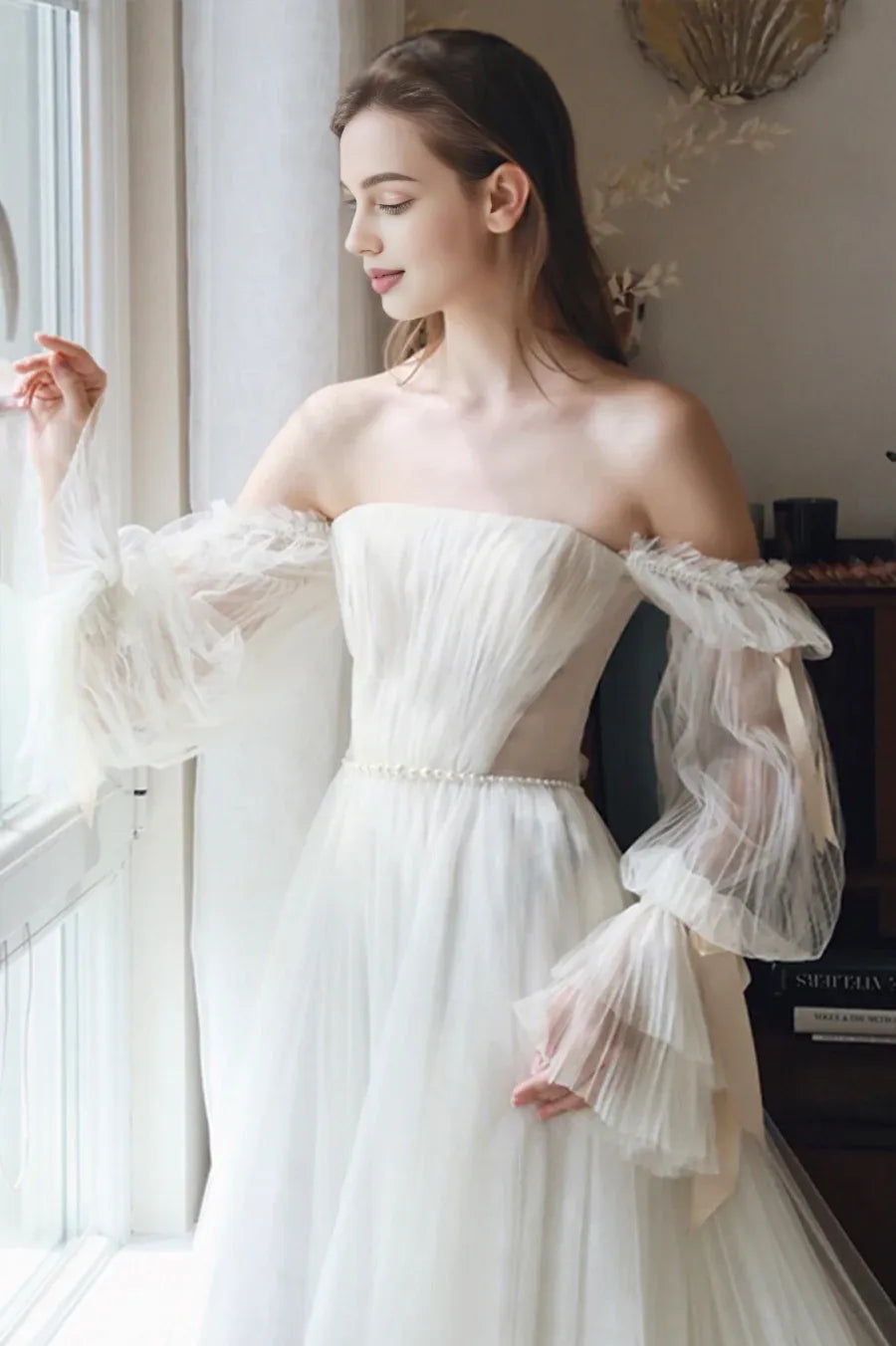 A-Line Off the Shoulder Long Sleeve Pleated Tulle White Prom Dress With Beaded