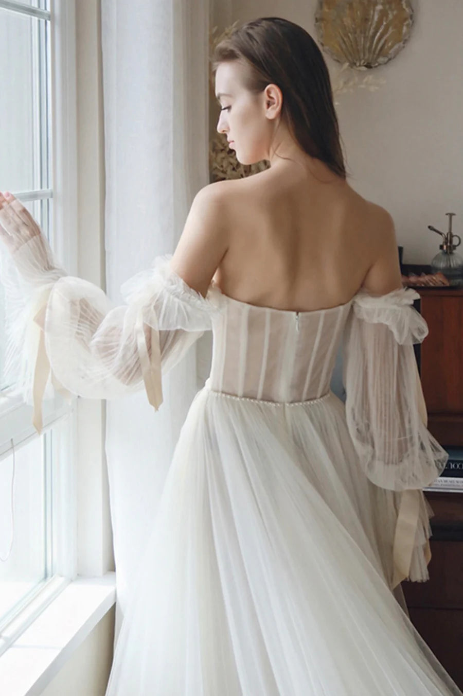 A-Line Off the Shoulder Long Sleeve Pleated Tulle White Prom Dress With Beaded
