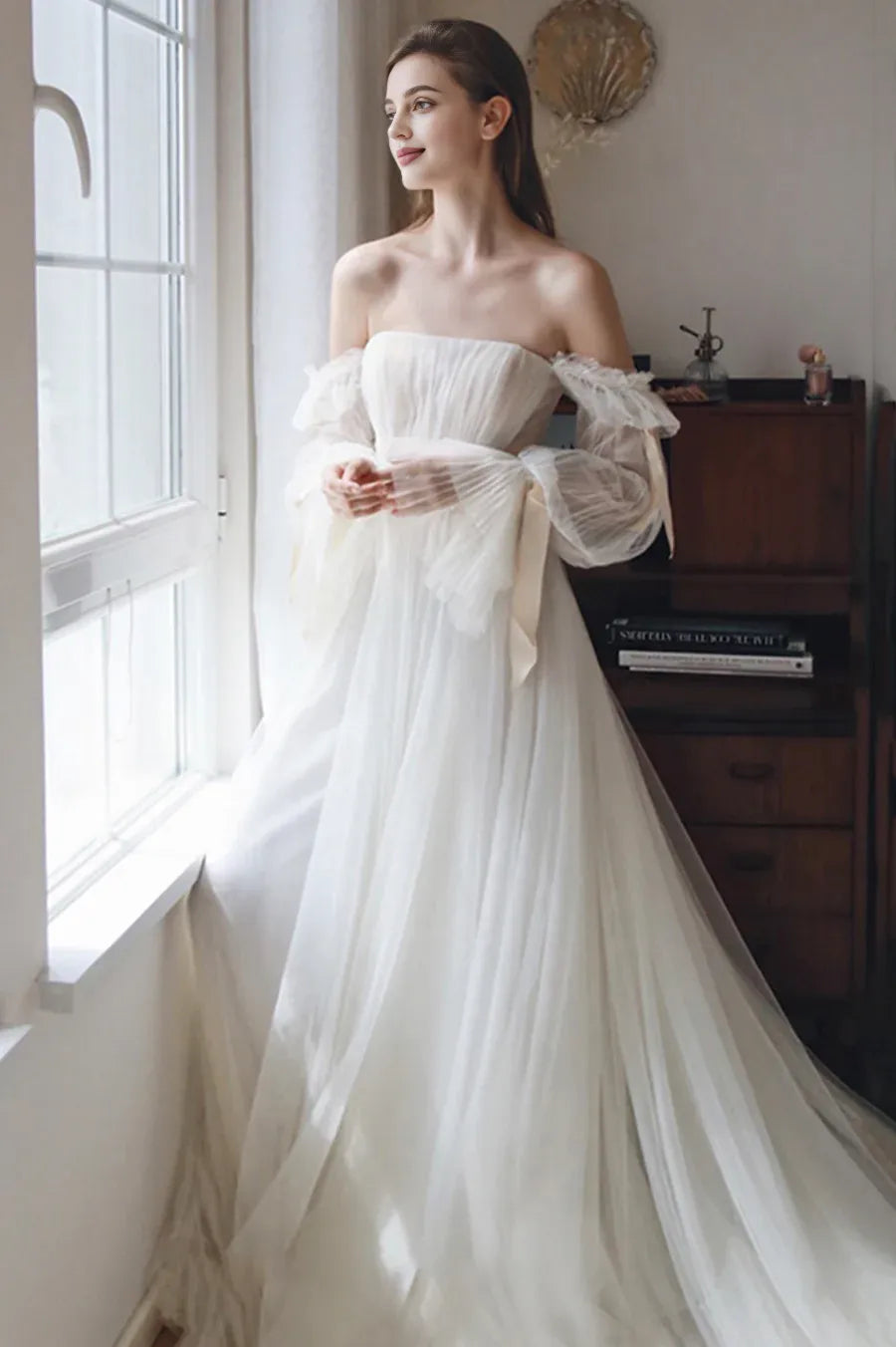 A-Line Off the Shoulder Long Sleeve Pleated Tulle White Prom Dress With Beaded