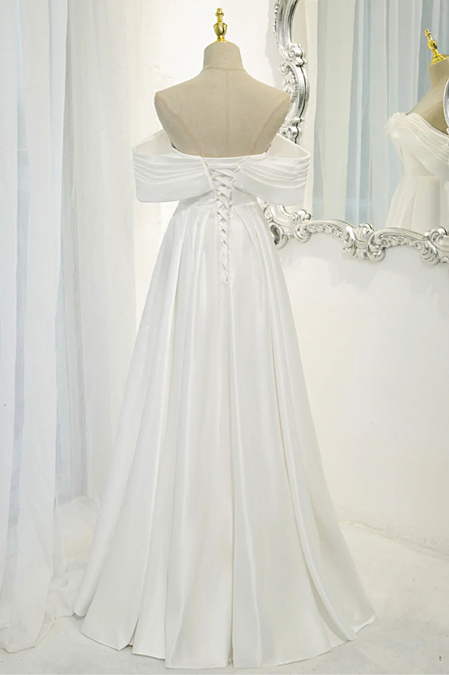 A-Line Off the Shoulder Pleated Satin White Long Prom Dress Evening Dress
