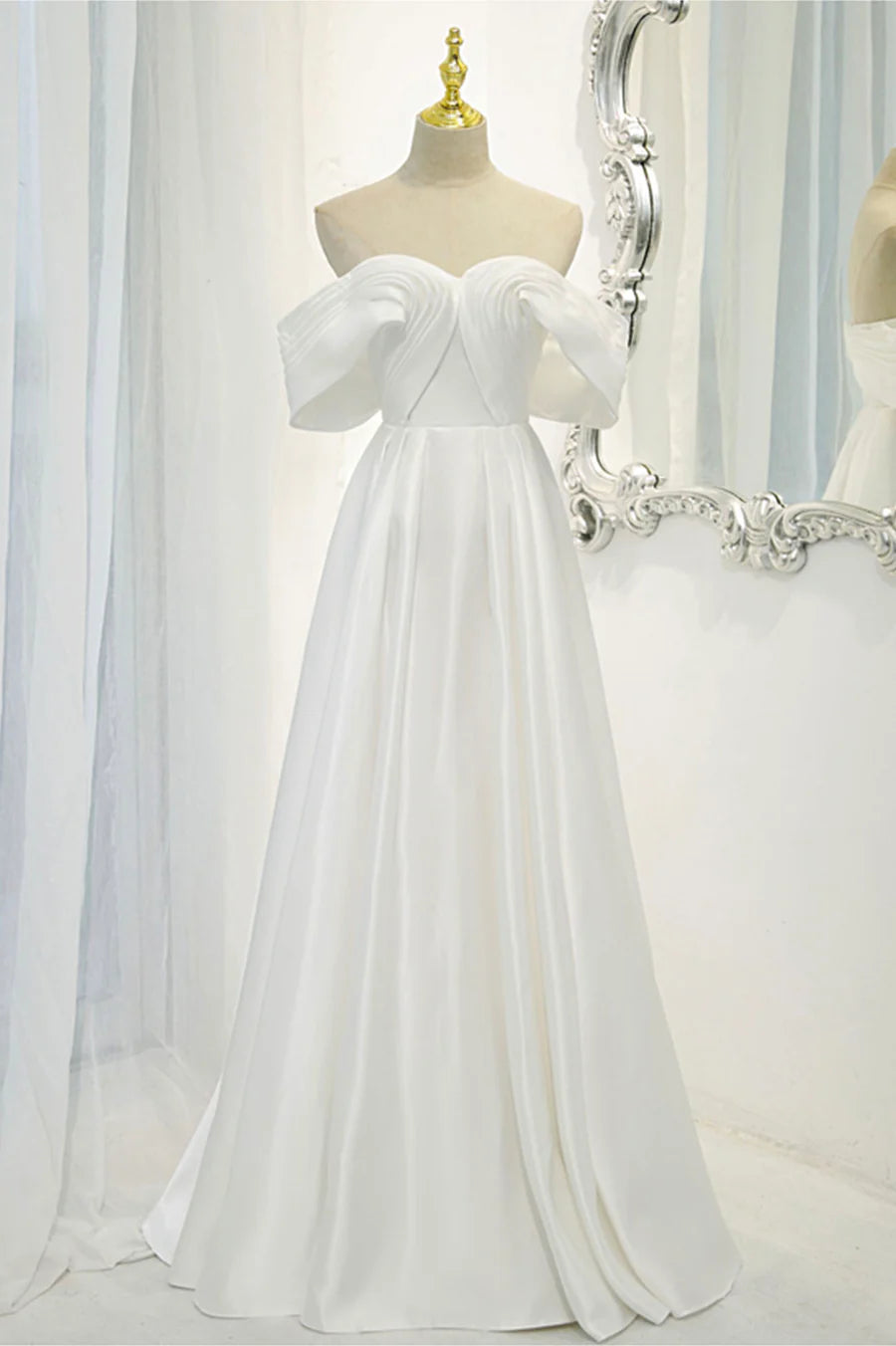 A-Line Off the Shoulder Pleated Satin White Long Prom Dress Evening Dress