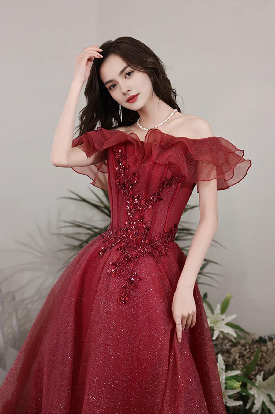 A-Line Off the Shoulder Ruffle Tulle Burgundy Long Prom Dress With Sequins Beaded