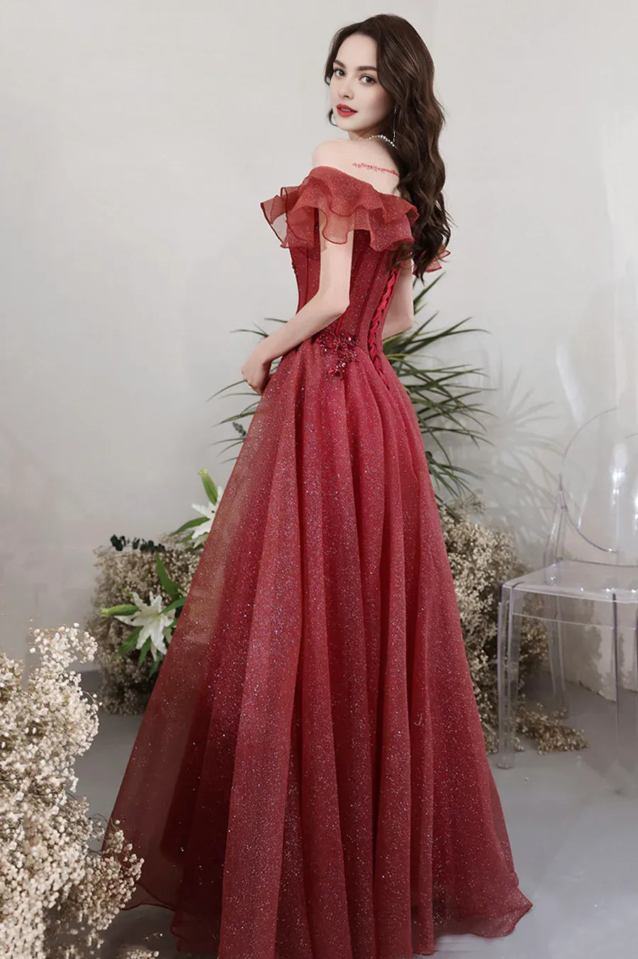 A-Line Off the Shoulder Ruffle Tulle Burgundy Long Prom Dress With Sequins Beaded