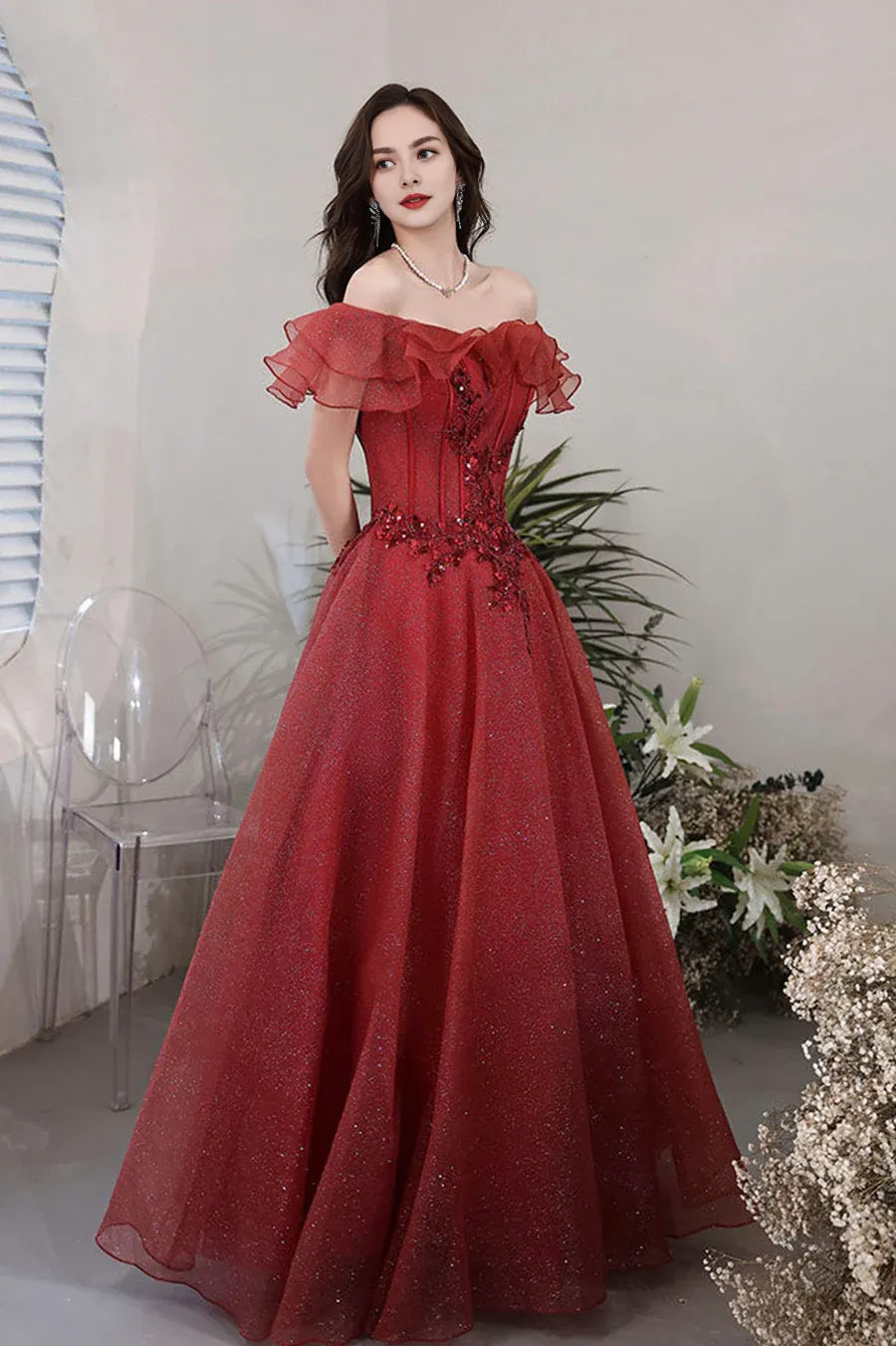 A-Line Off the Shoulder Ruffle Tulle Burgundy Long Prom Dress With Sequins Beaded