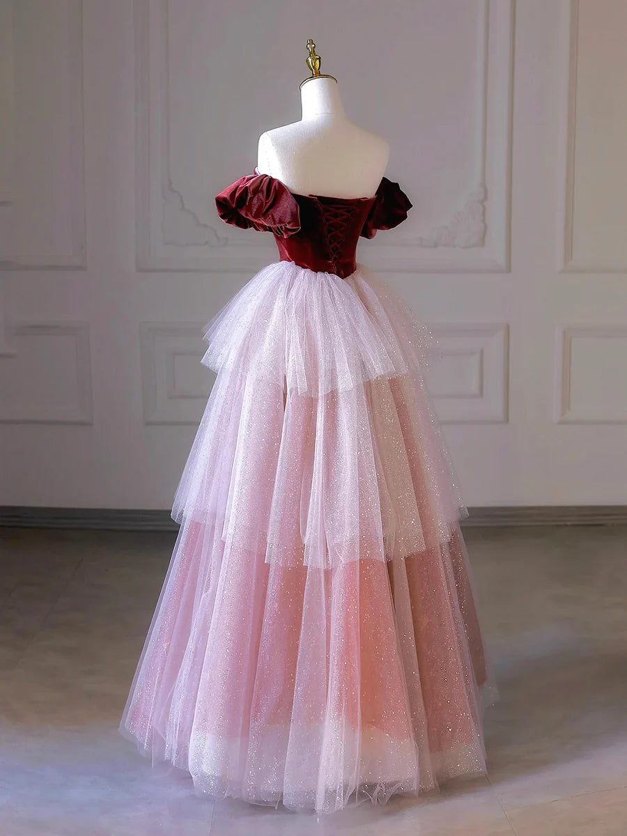 A-Line Off the Shoulder Short Sleeves Layers Velvet And Tulle Burgundy Floor Length Prom Dress