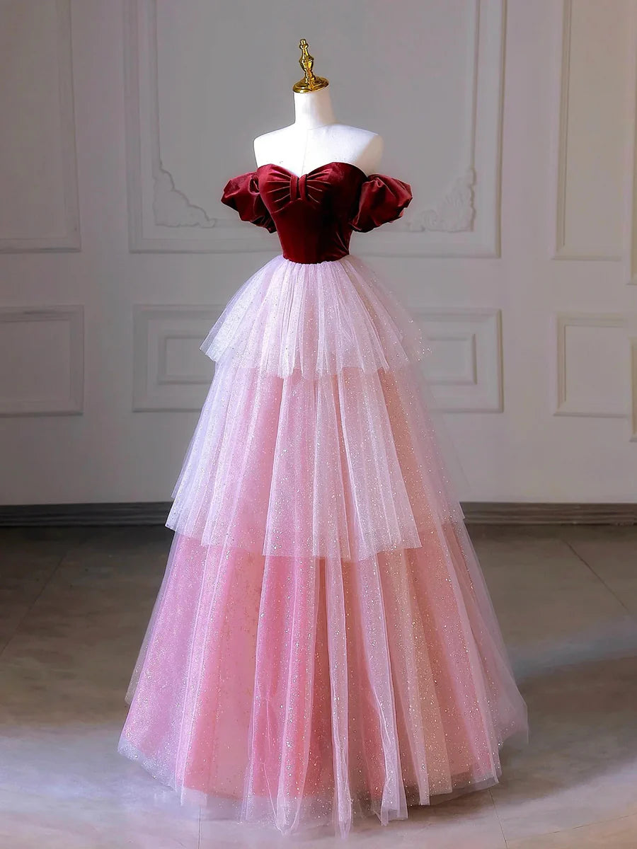 A-Line Off the Shoulder Short Sleeves Layers Velvet And Tulle Burgundy Floor Length Prom Dress