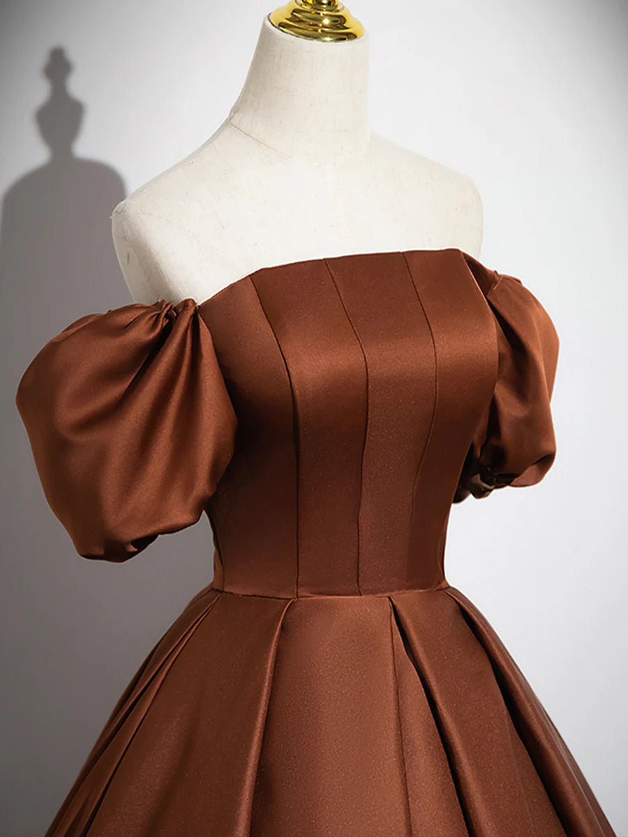 A-Line Off the Shoulder Short Sleeves Pleated Satin Brown Floor Length Prom Dress