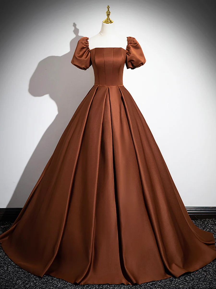 A-Line Off the Shoulder Short Sleeves Pleated Satin Brown Floor Length Prom Dress