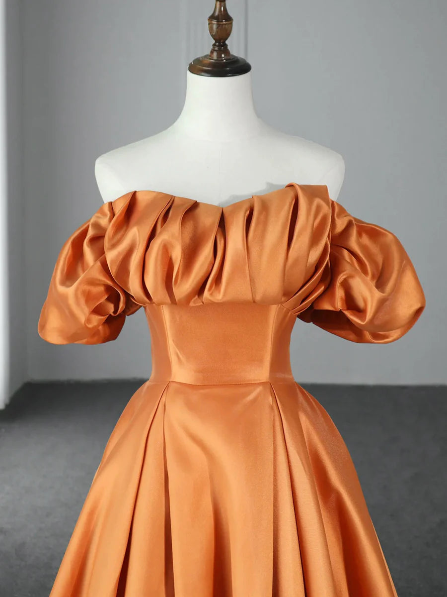 A-Line Off the Shoulder Short Sleeves Pleated Satin Orange Floor Length Prom Dress