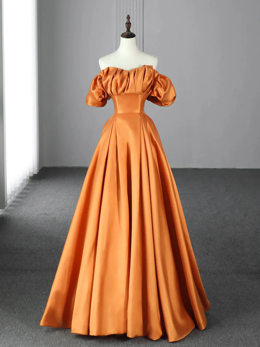 A-Line Off the Shoulder Short Sleeves Pleated Satin Orange Floor Length Prom Dress