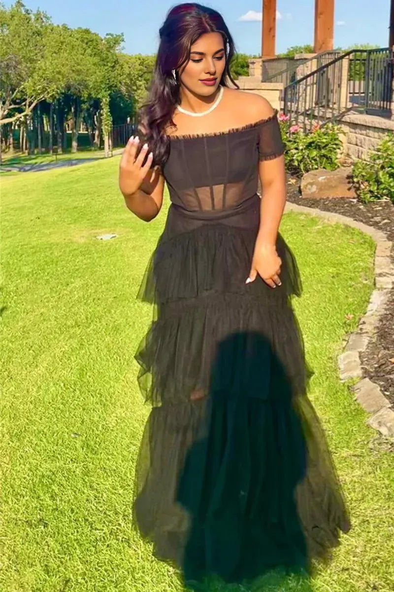 A-Line Off the Shoulder Tiered Tulle Navy Blue Long Prom Dress For Women