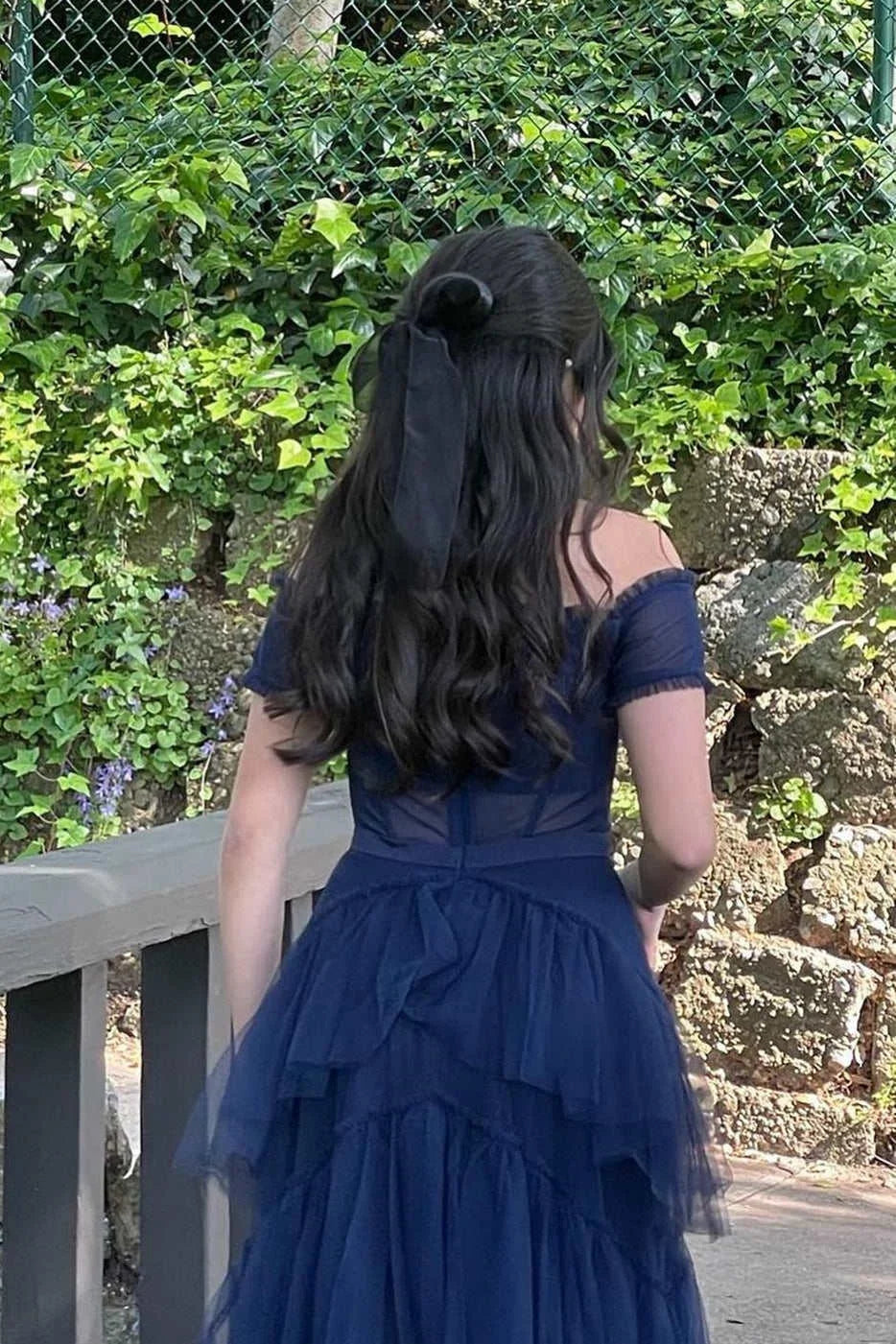 A-Line Off the Shoulder Tiered Tulle Navy Blue Long Prom Dress For Women