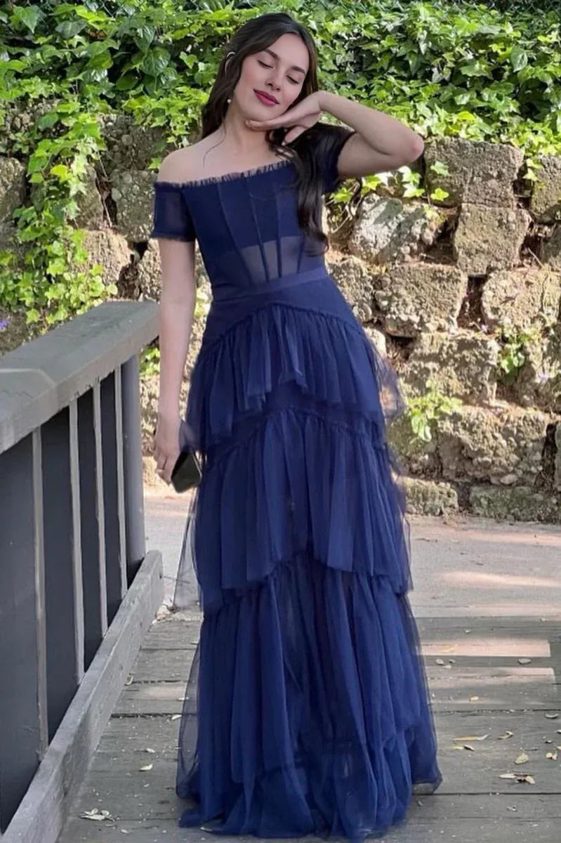 A-Line Off the Shoulder Tiered Tulle Navy Blue Long Prom Dress For Women