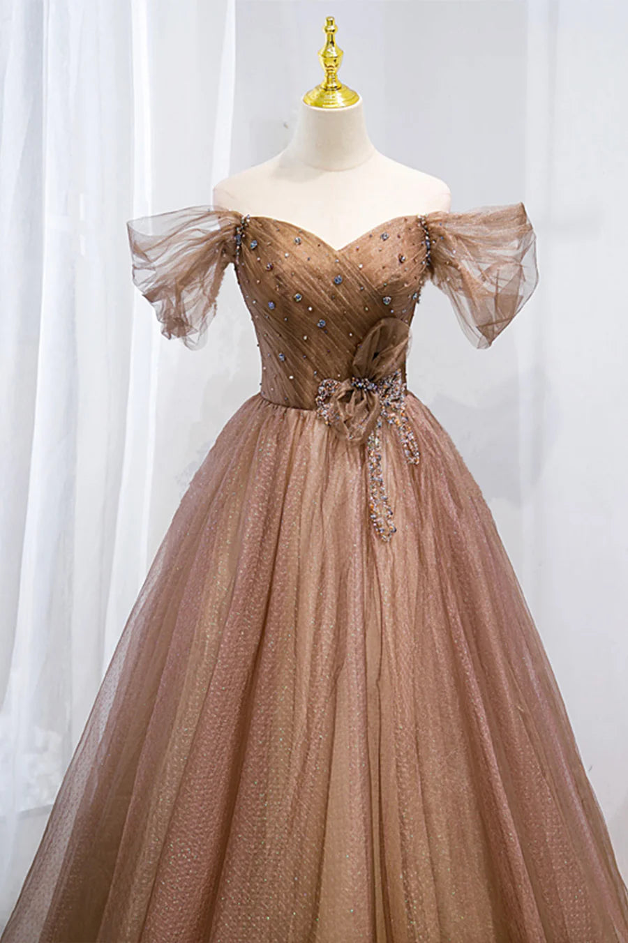 A-Line Off the Shoulder Tulle Brown Long Formal Prom Dresses With Beaded