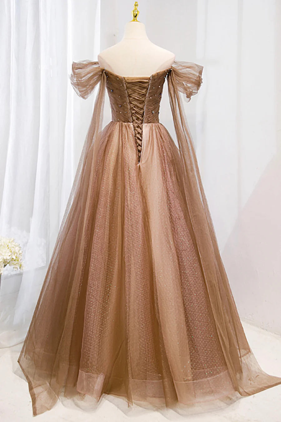 A-Line Off the Shoulder Tulle Brown Long Formal Prom Dresses With Beaded