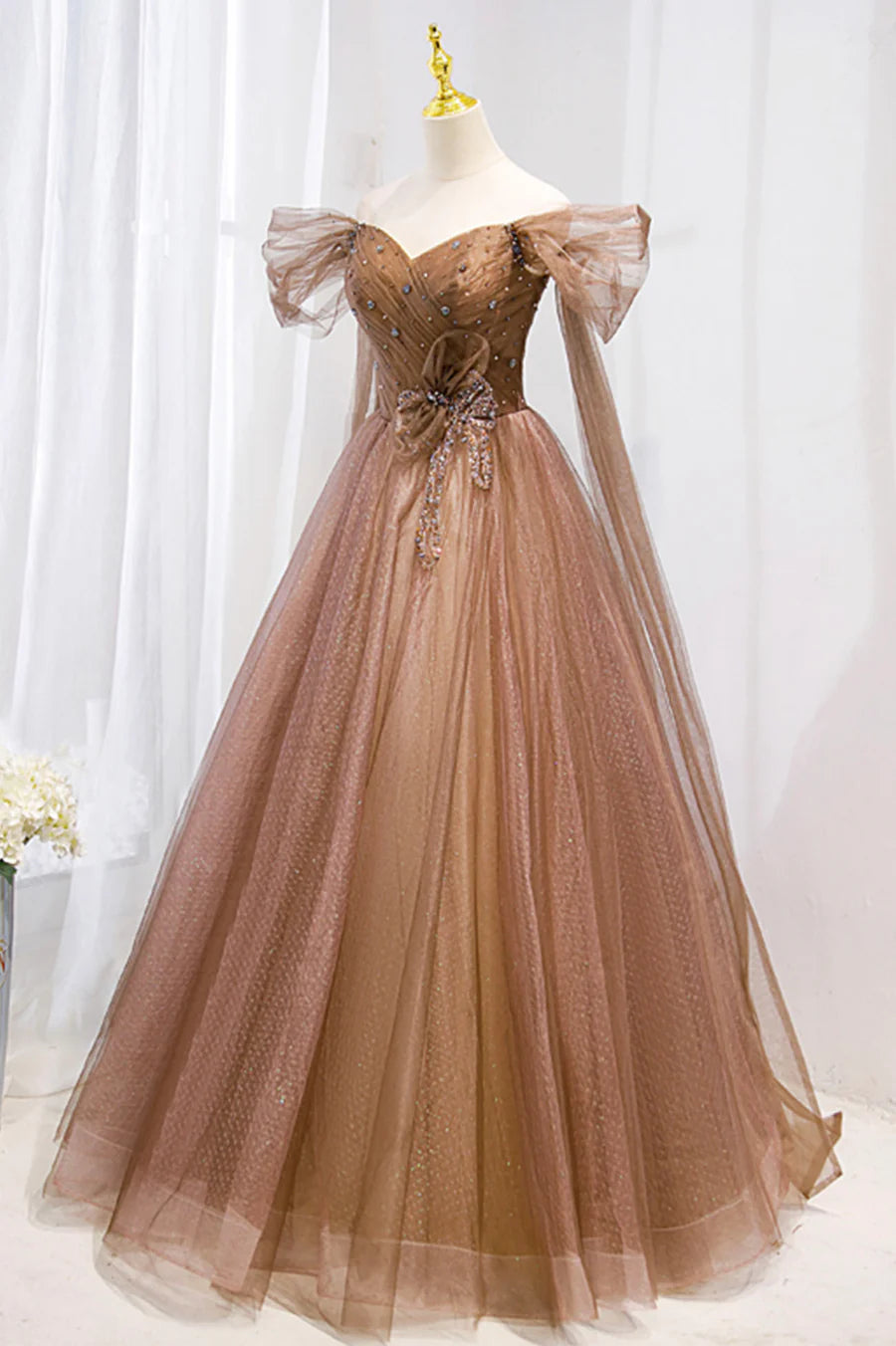 A-Line Off the Shoulder Tulle Brown Long Formal Prom Dresses With Beaded