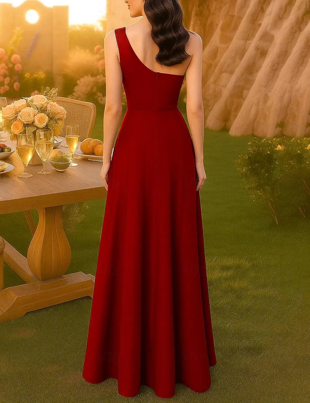 A-Line One-Shoulder Cap Sleeve Bow Waist Burgundy Floor Length Prom Dress
