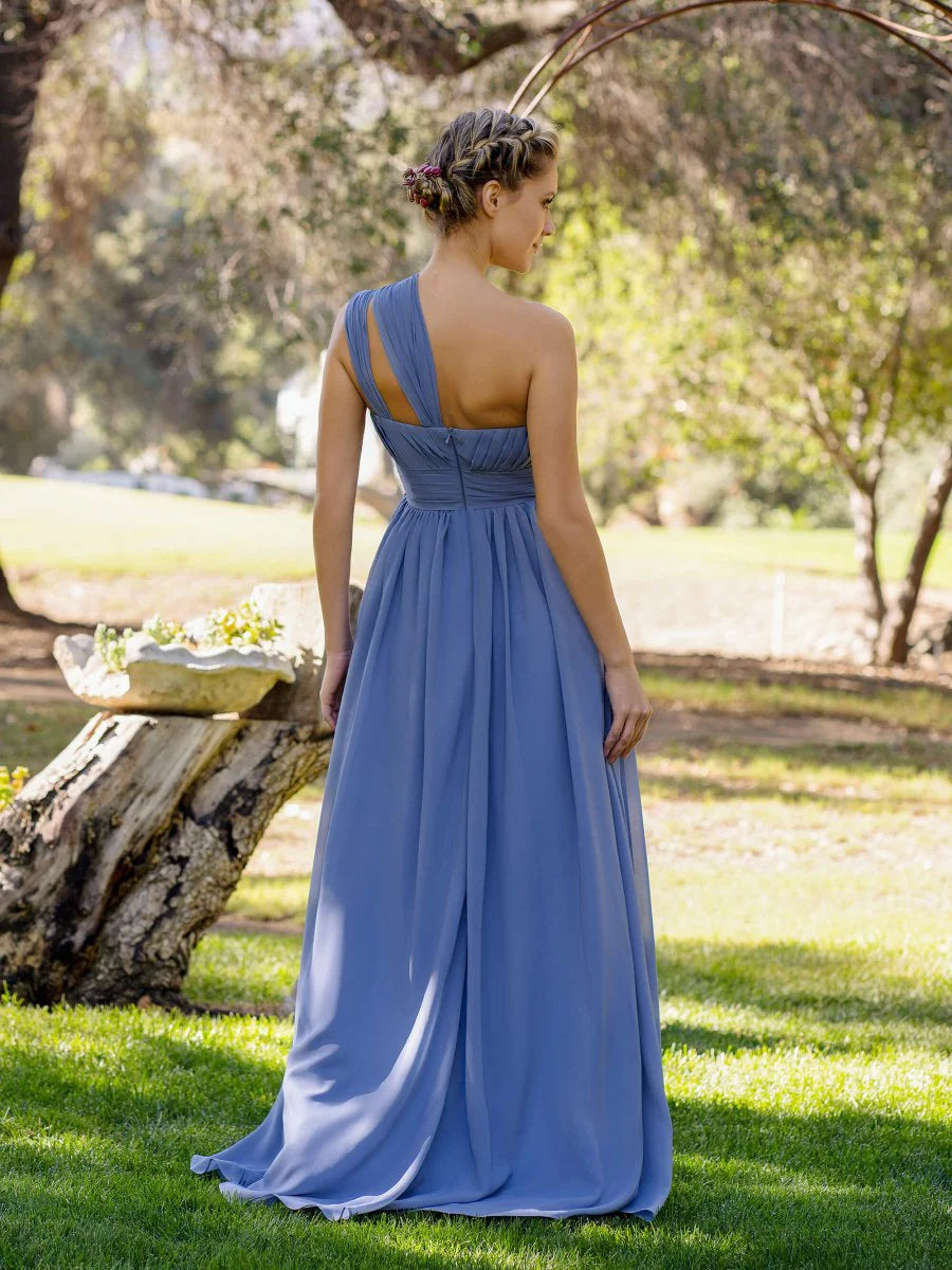 A-Line One-Shoulder Pleated Chiffon Slate Blue Floor-Length Bridesmaid Dress