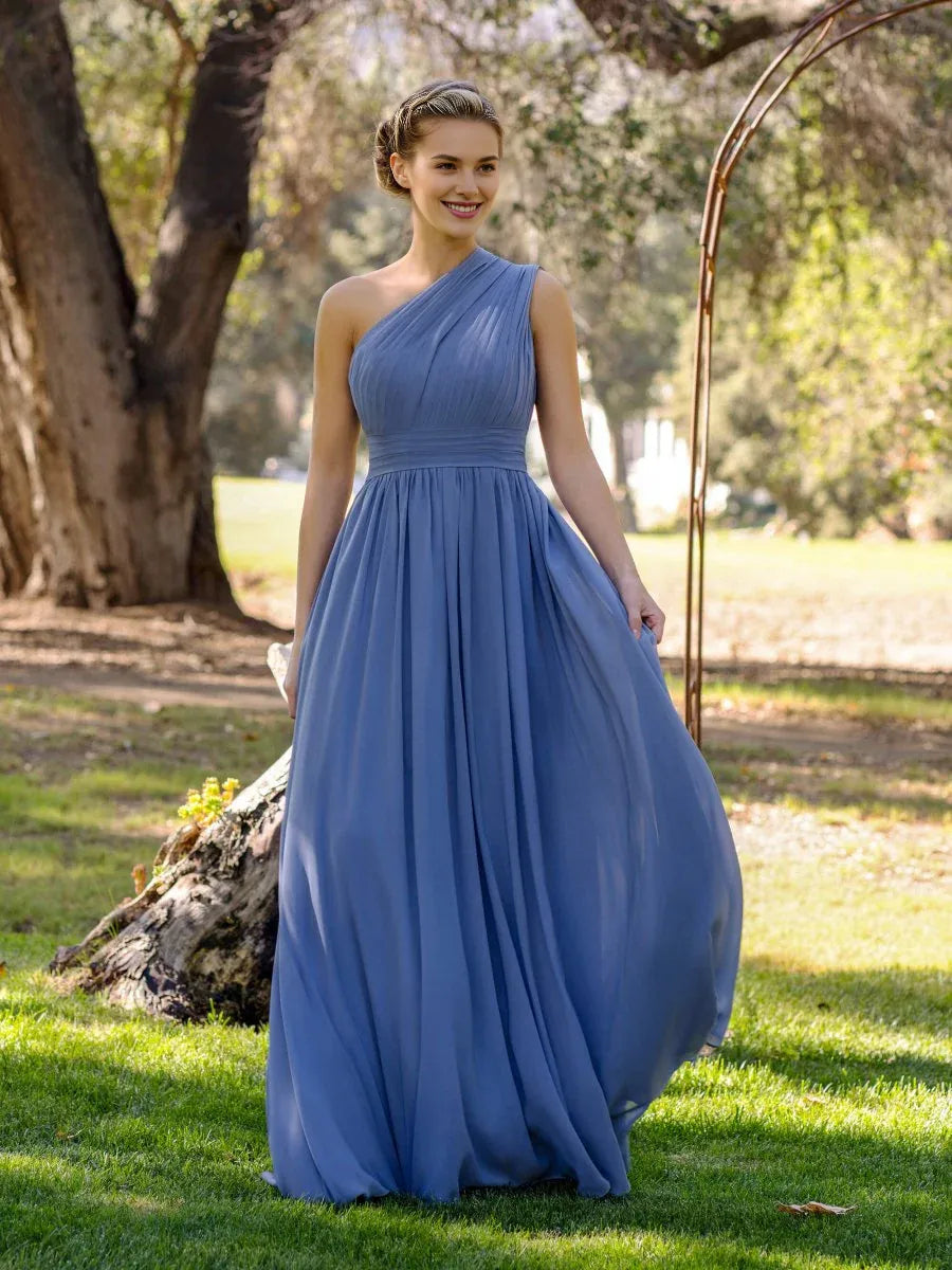 A-Line One-Shoulder Pleated Chiffon Slate Blue Floor-Length Bridesmaid Dress