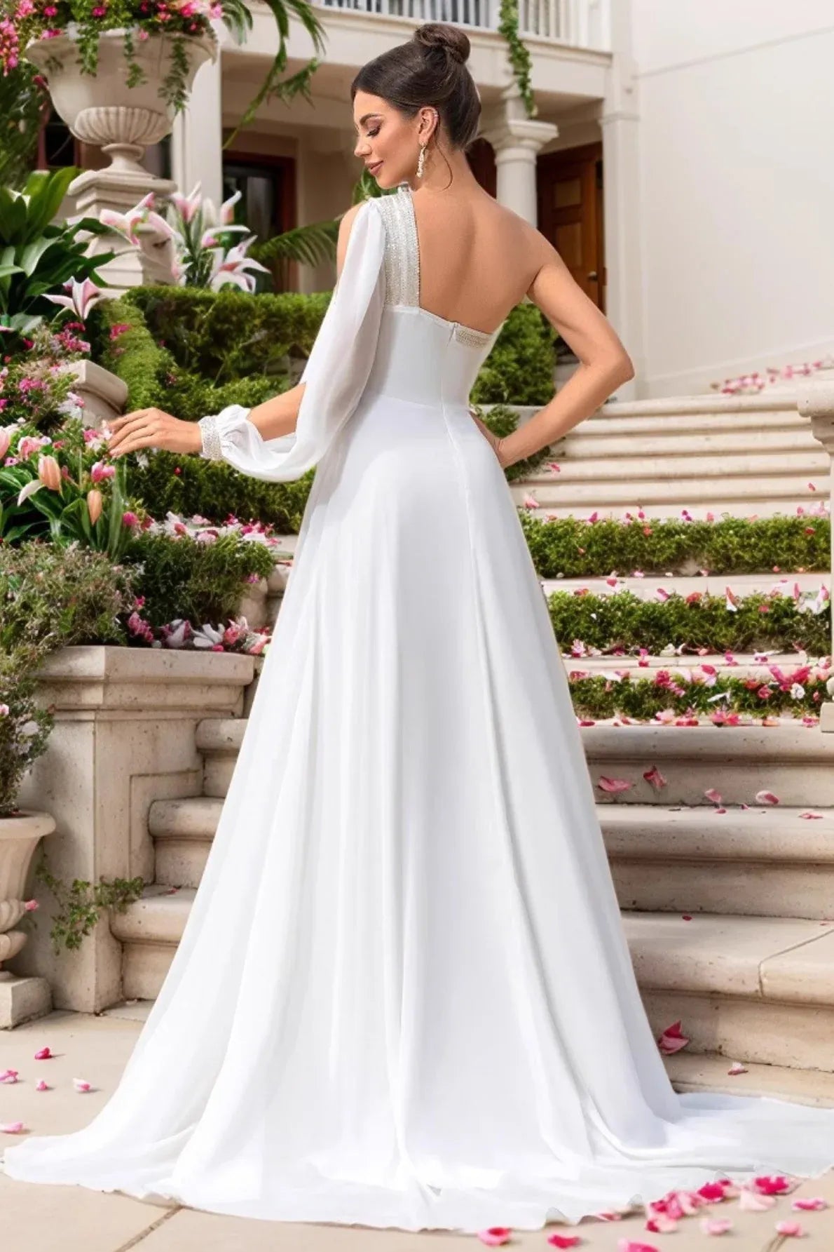 A-Line One-Shoulder Long Sleeve High-Slit Chiffon White Floor-Length Prom Dress