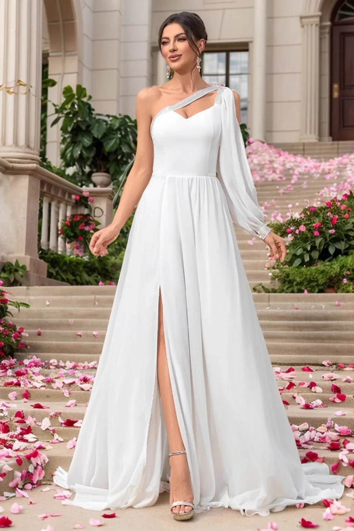 A-Line One-Shoulder Long Sleeve High-Slit Chiffon White Floor-Length Prom Dress