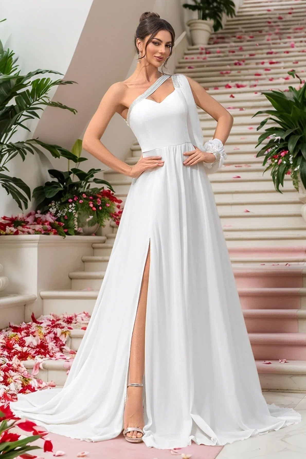 A-Line One-Shoulder Long Sleeve High-Slit Chiffon White Floor-Length Prom Dress