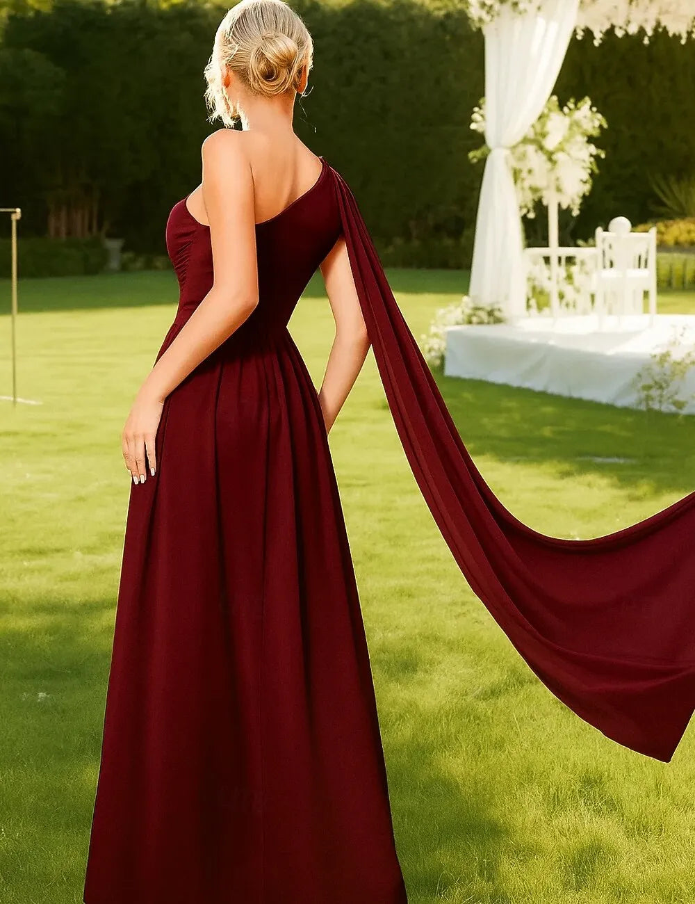 A-Line One-Shoulder Pleated Chiffon Burgundy Maxi Prom Dress With Streamer