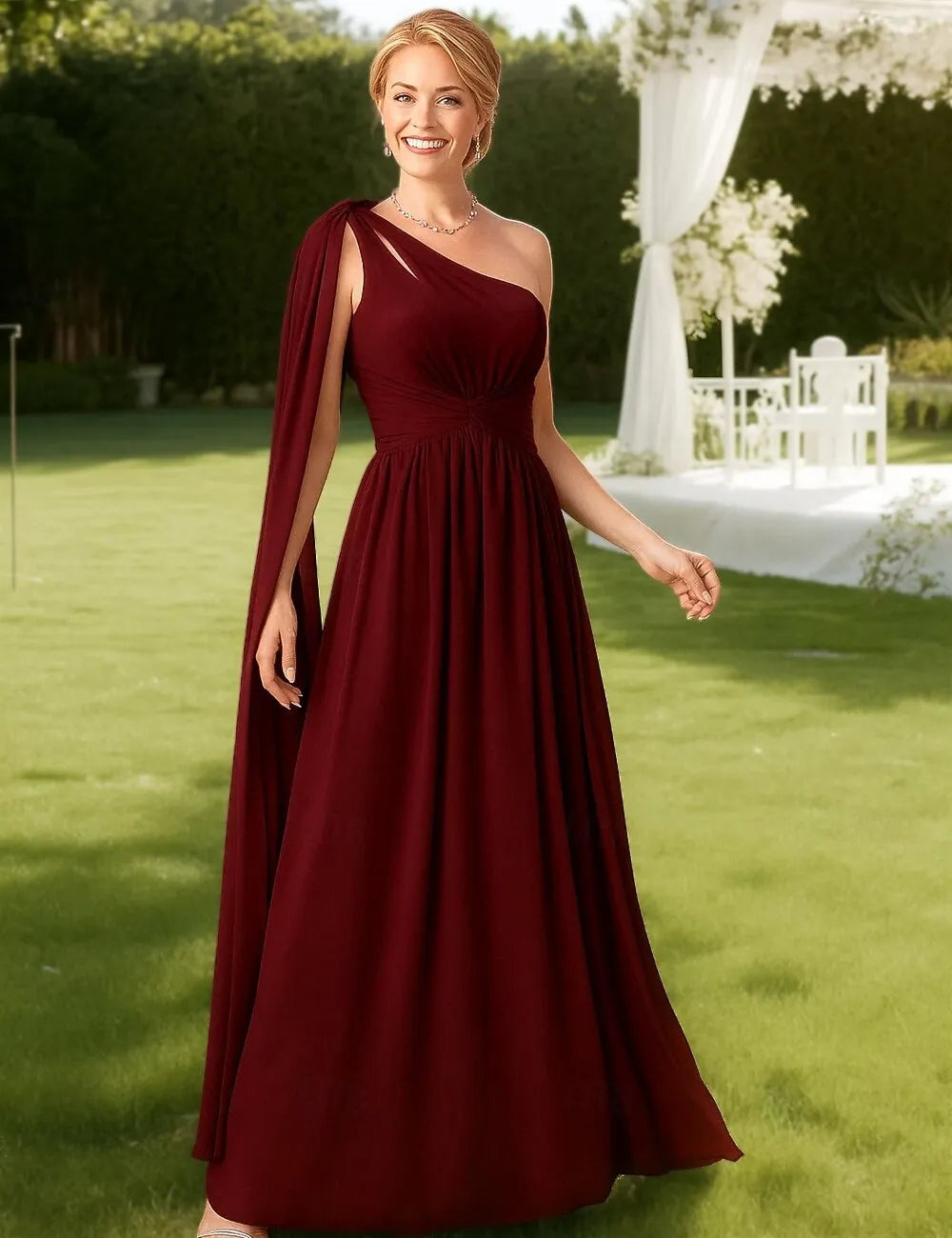 A-Line One-Shoulder Pleated Chiffon Burgundy Maxi Prom Dress With Streamer