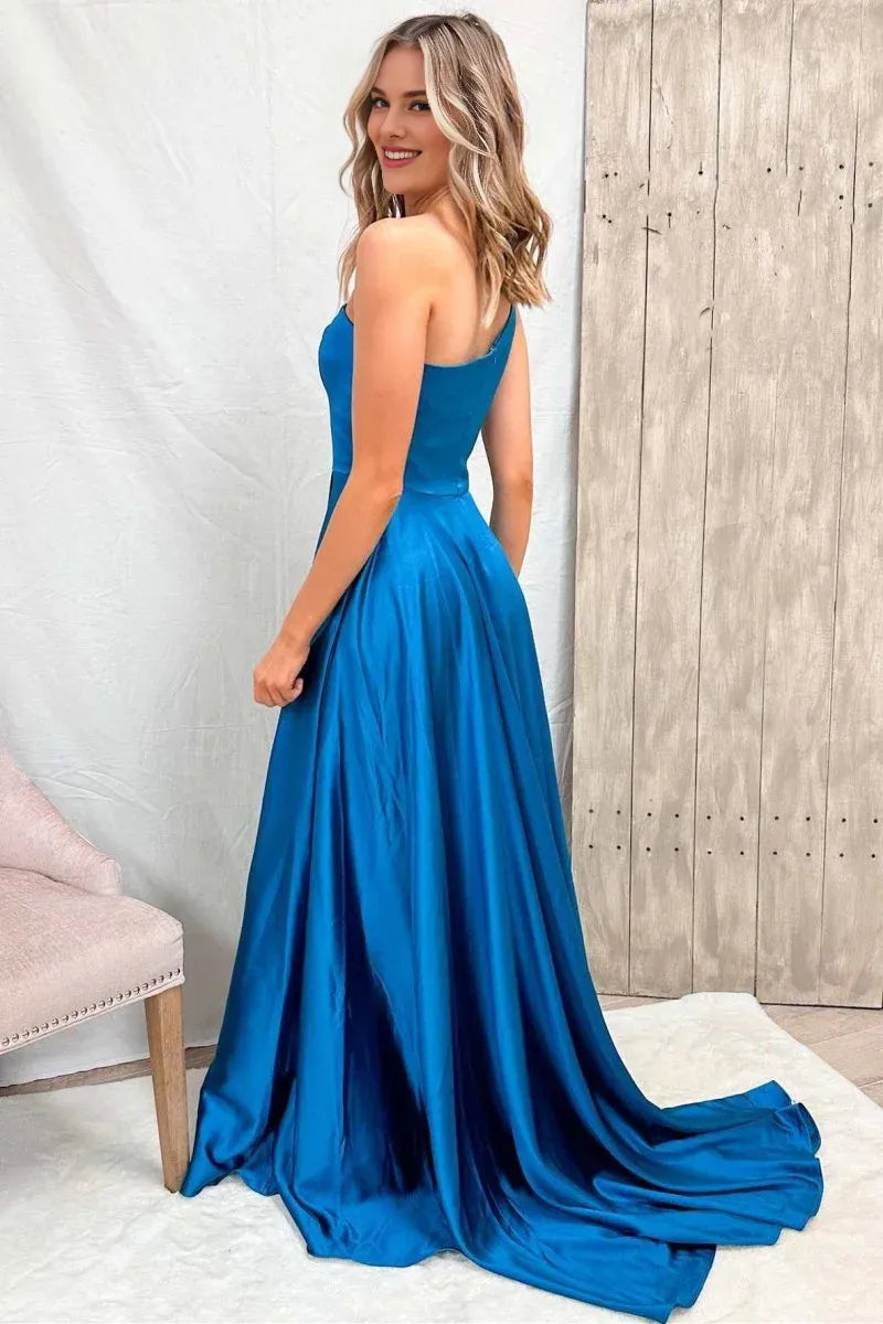 A-Line One-Shoulder Pleated Slit Satin Blue Evening Dress With Sweep Train