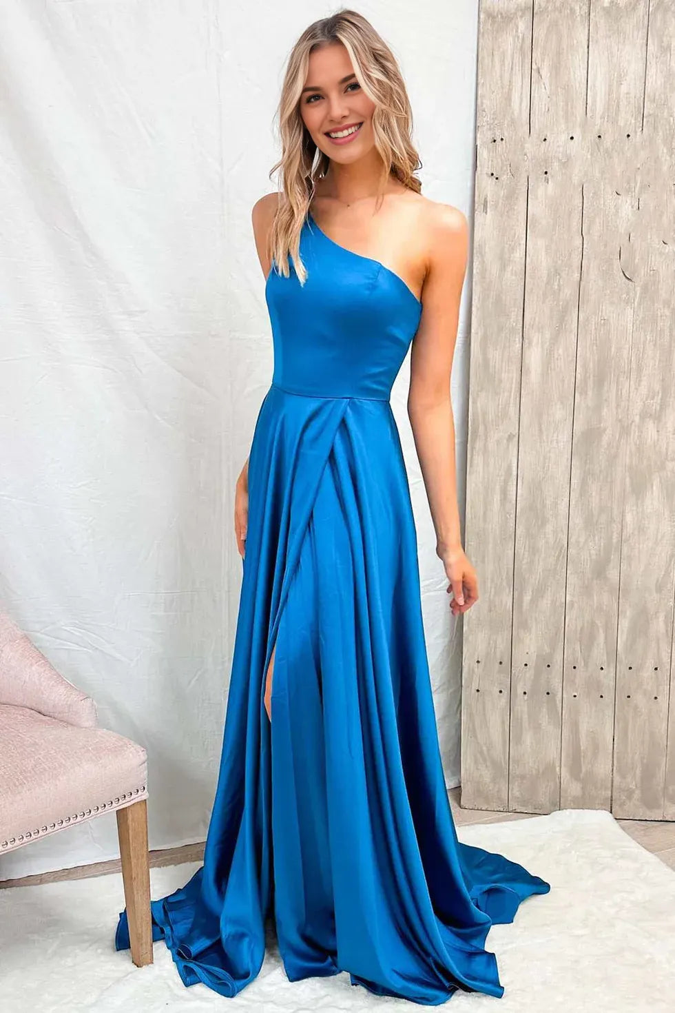 A-Line One-Shoulder Pleated Slit Satin Blue Evening Dress With Sweep Train