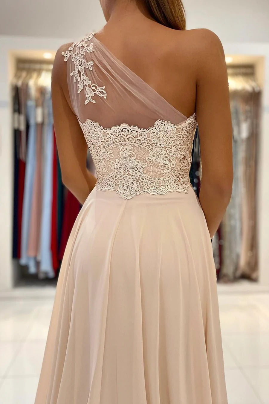 A-Line One Shoulder Lace Chiffon Champagne Long Prom Dresses With Slit