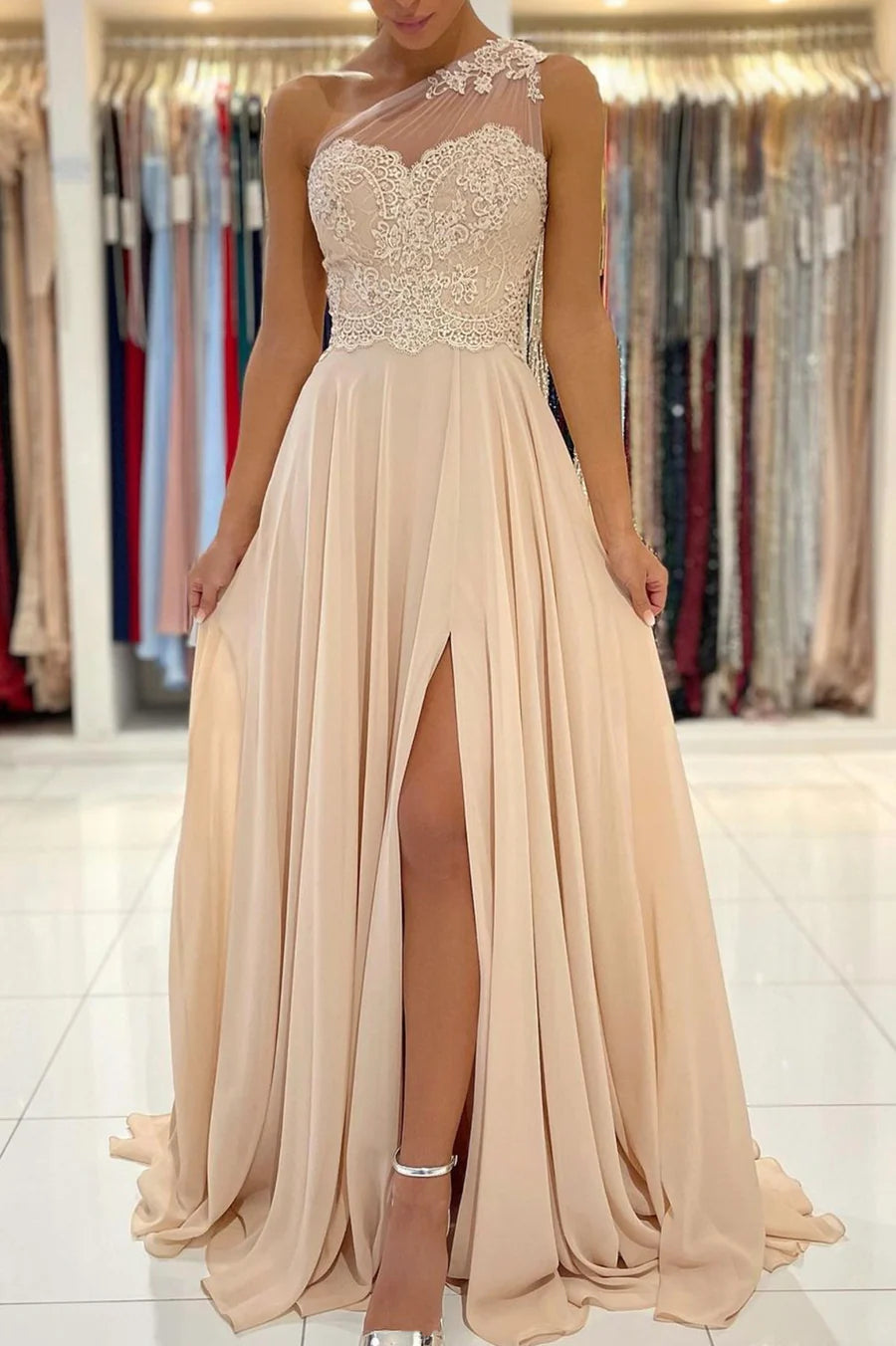 A-Line One Shoulder Lace Chiffon Champagne Long Prom Dresses With Slit