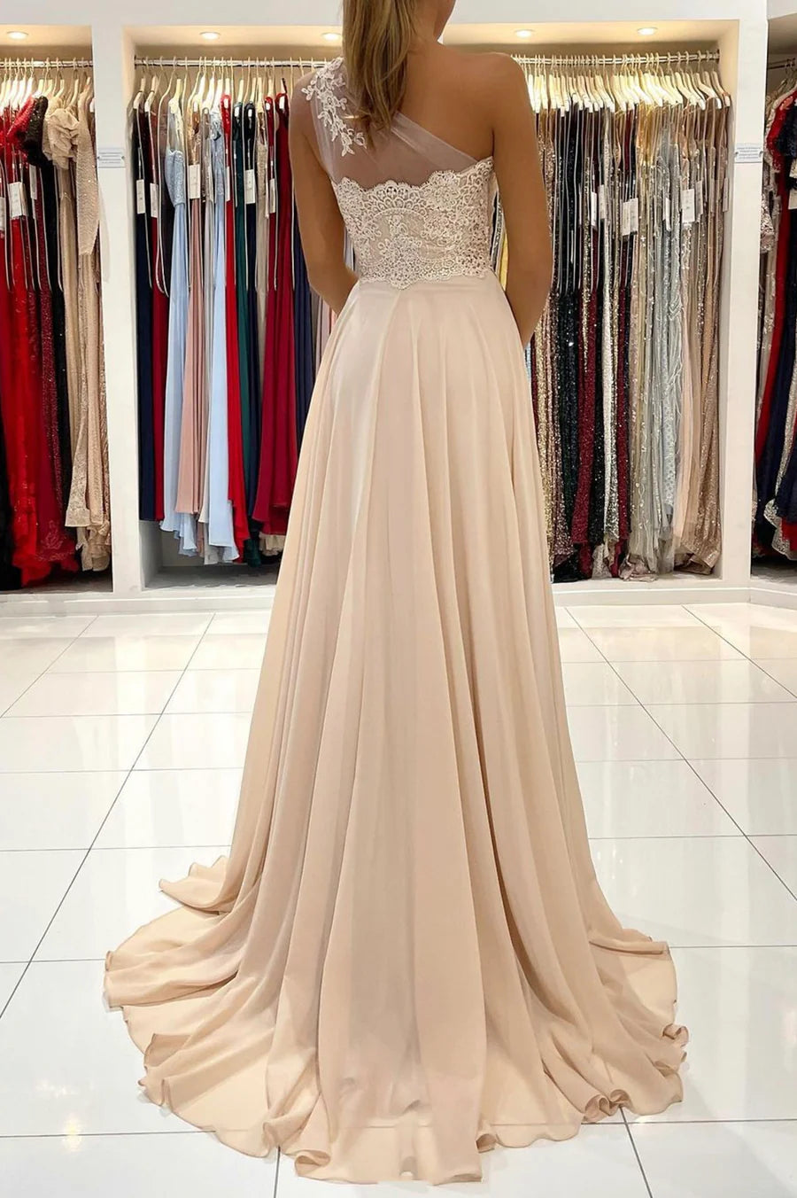 A-Line One Shoulder Lace Chiffon Champagne Long Prom Dresses With Slit