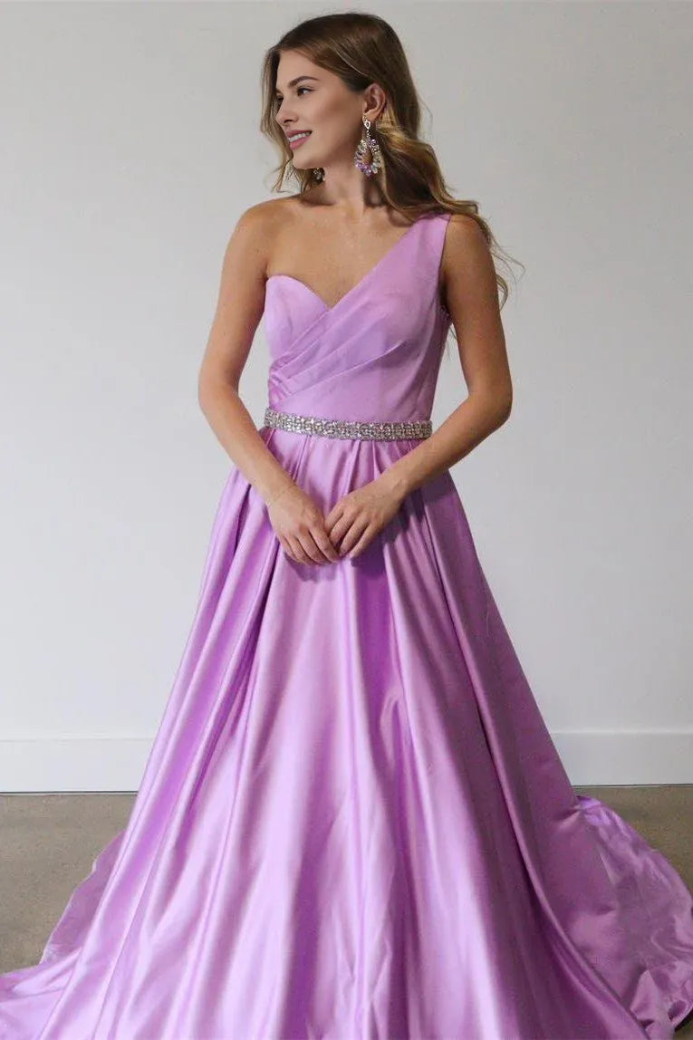A-Line One Shoulder Pleated Satin Lilac Long Prom Dress With Beaded