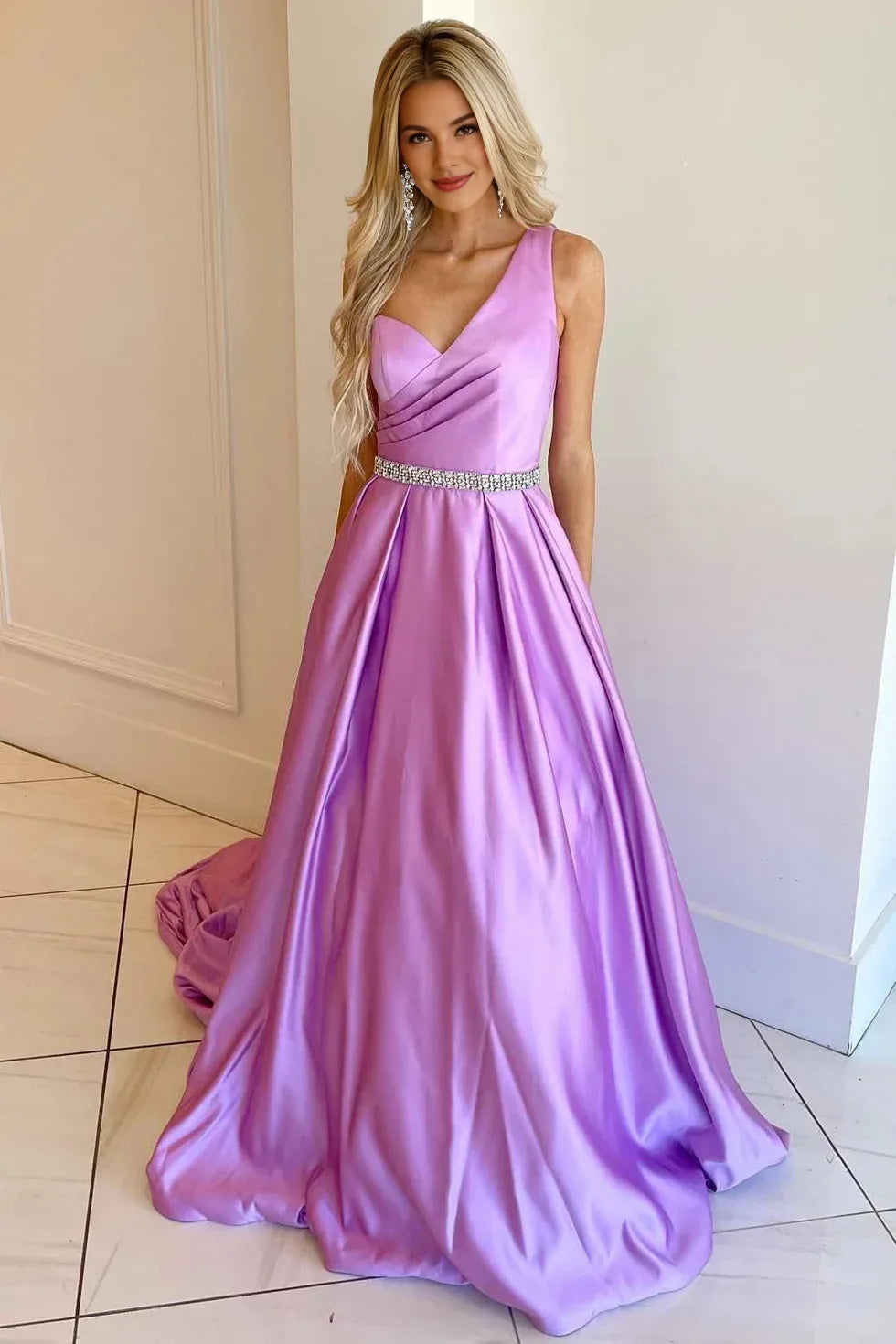 A-Line One Shoulder Pleated Satin Lilac Long Prom Dress With Beaded