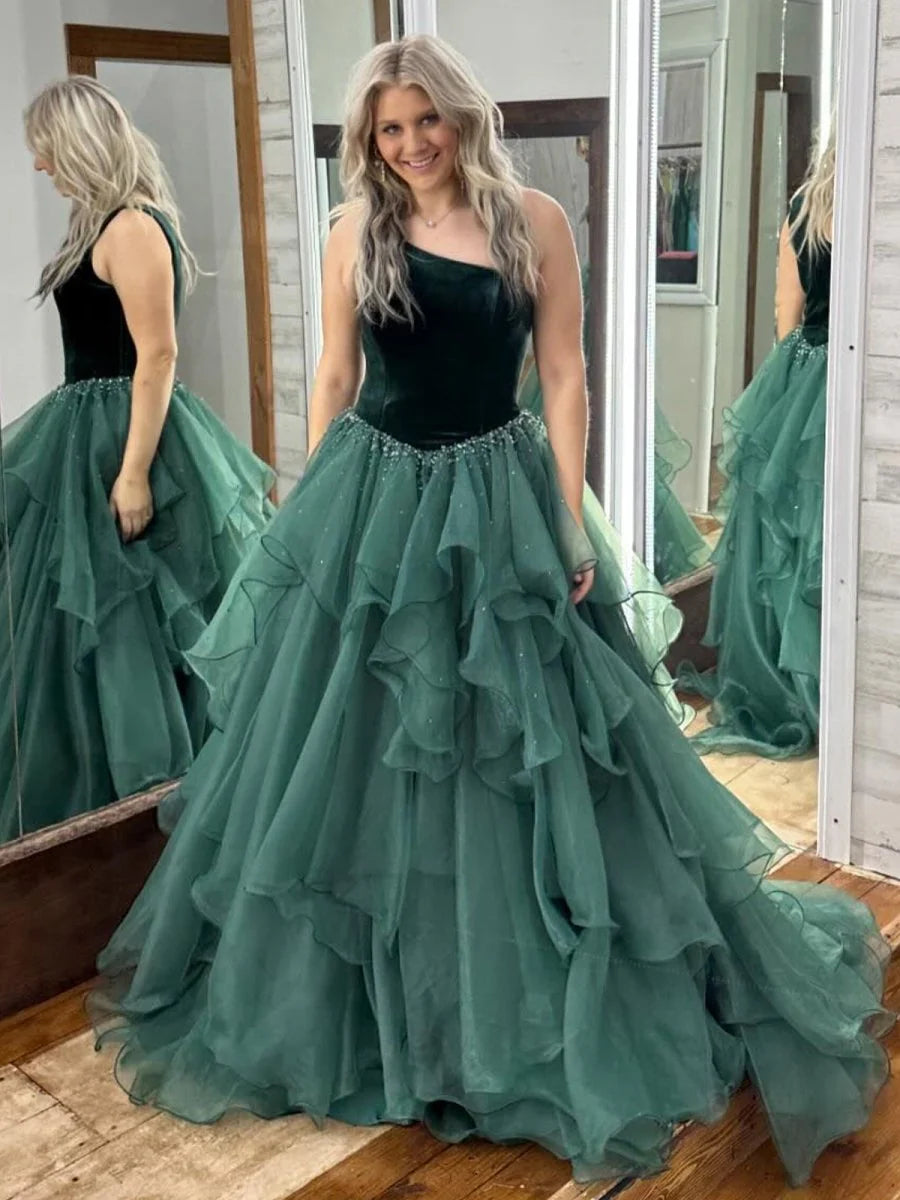 A-Line One Shoulder Ruffle Velvet Top Royal Blue Long Prom Dress