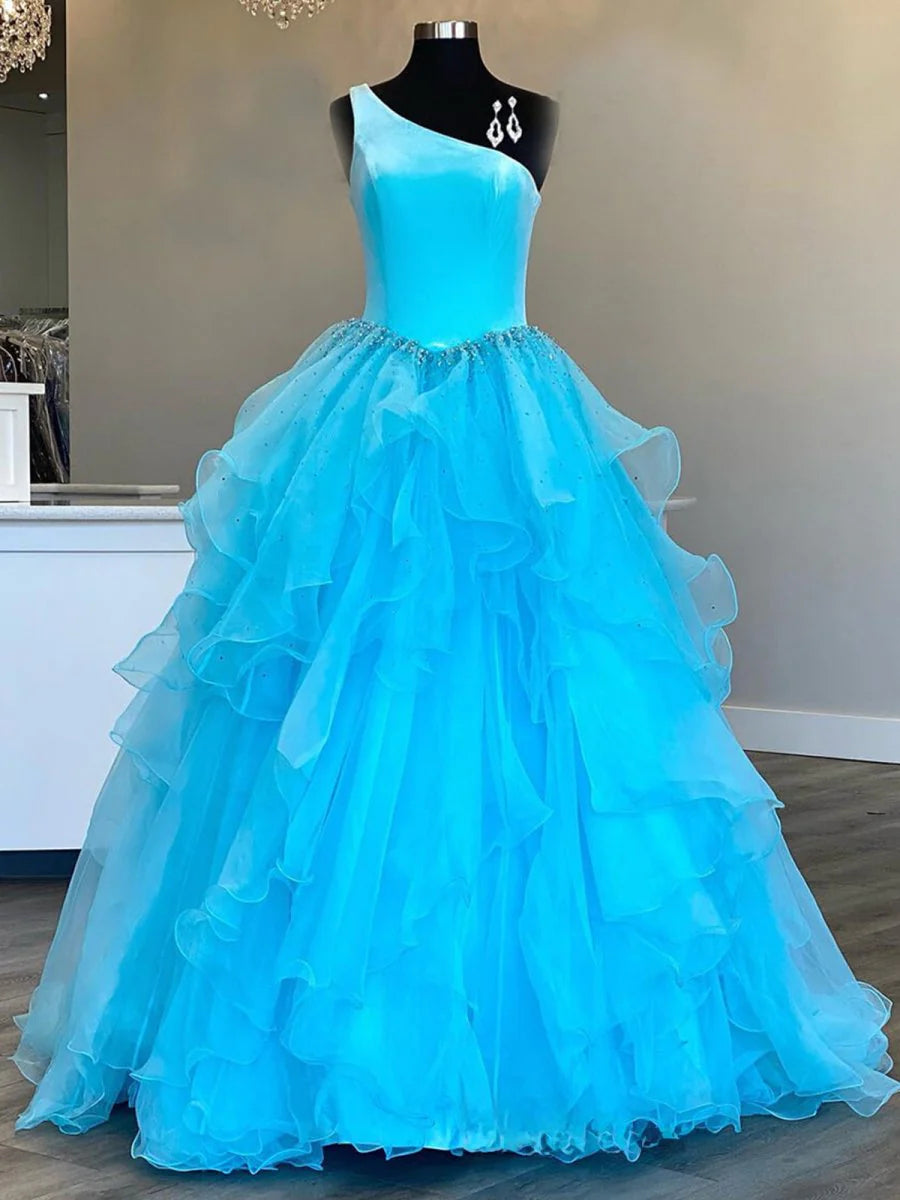 A-Line One Shoulder Ruffle Velvet Top Royal Blue Long Prom Dress