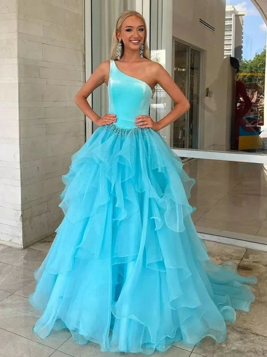 A-Line One Shoulder Ruffle Velvet Top Royal Blue Long Prom Dress