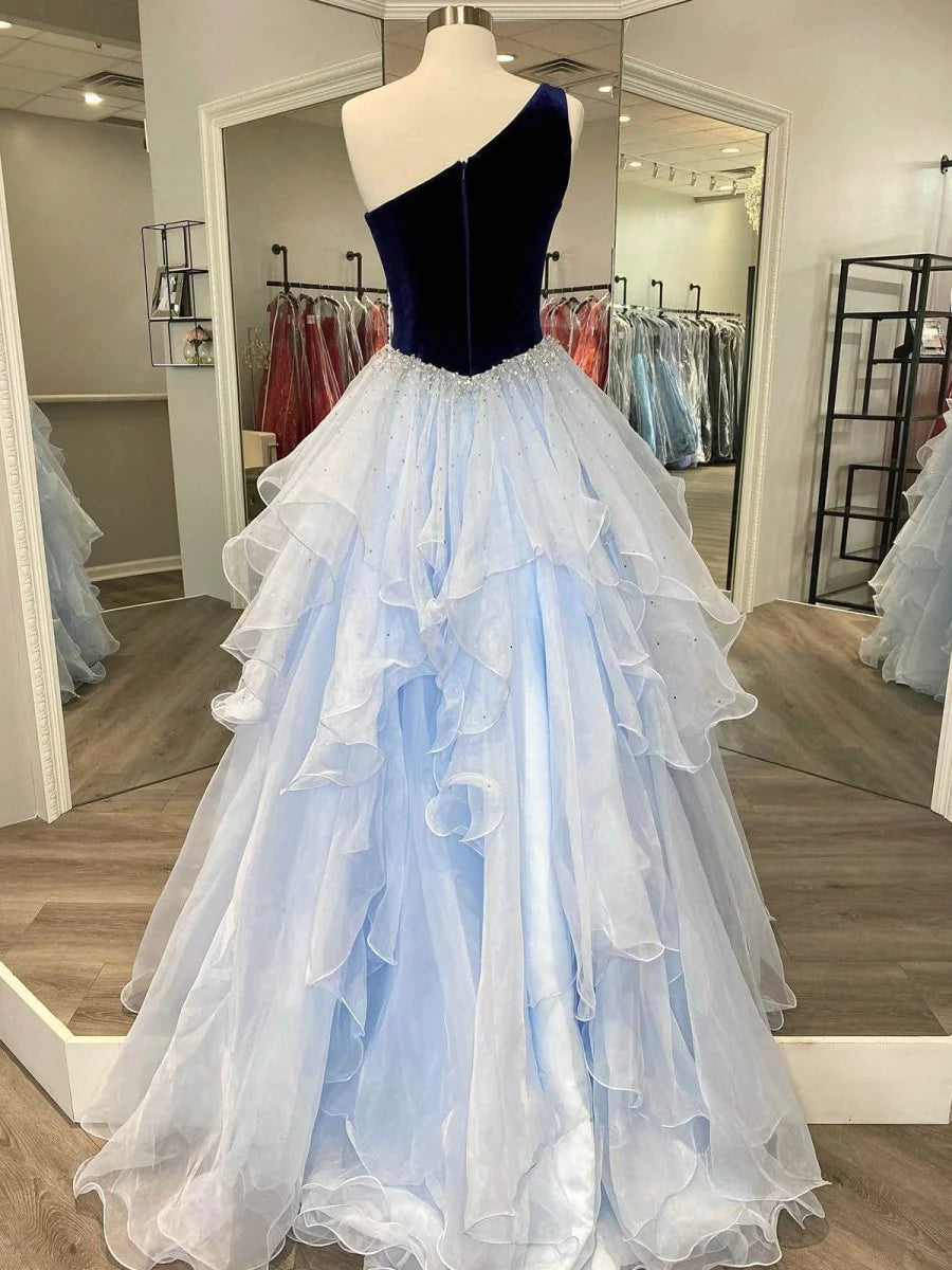 A-Line One Shoulder Ruffle Velvet Top Royal Blue Long Prom Dress