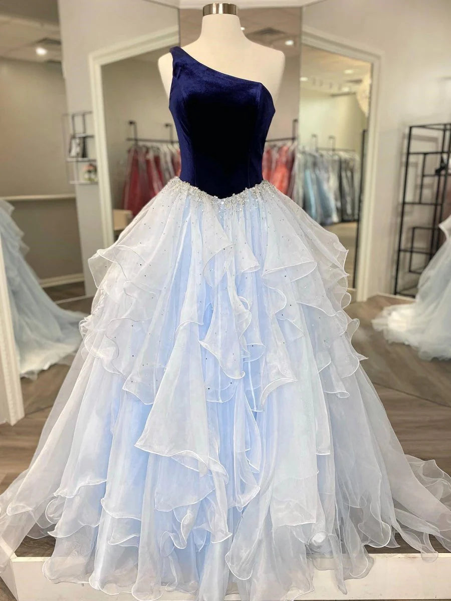 A-Line One Shoulder Ruffle Velvet Top Royal Blue Long Prom Dress
