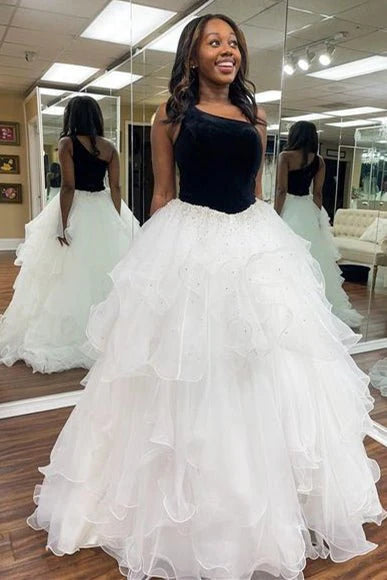 A-Line One Shoulder Ruffle Velvet Top Royal Blue Long Prom Dress