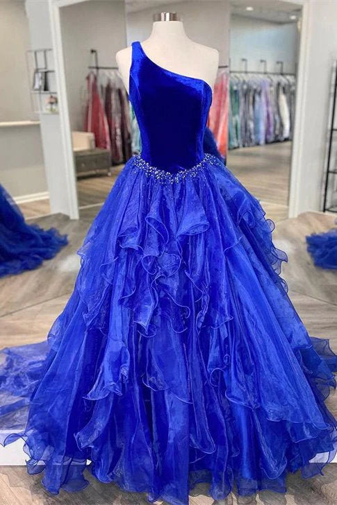 A-Line One Shoulder Ruffle Velvet Top Royal Blue Long Prom Dress